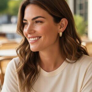 Gold Toned Hoop Earrings - 90s Vintage Ivana Clear Stone Small Hoop Clip-On